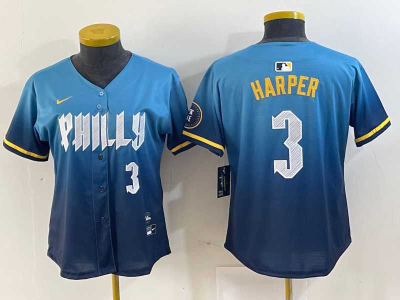 Womens Philadelphia Phillies #3 Bryce Harper Number Blue 2024 City Connect Limited Stitched Jerseys->mlb womens jerseys->MLB Jersey